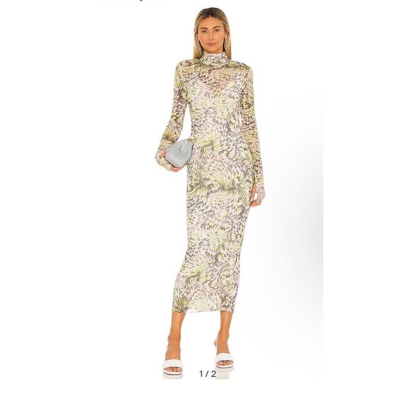 AFRM Shailene Green Abstract Long Sleeve Mesh Turtleneck Midi Dress Size S - Picture 1 of 12